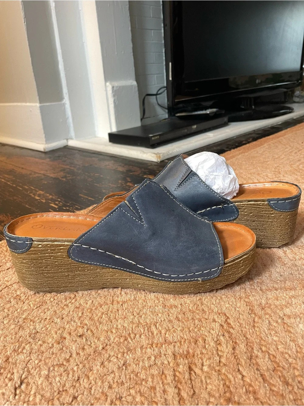 Overland Navy Leather Wedge Slide Sandals - Women's